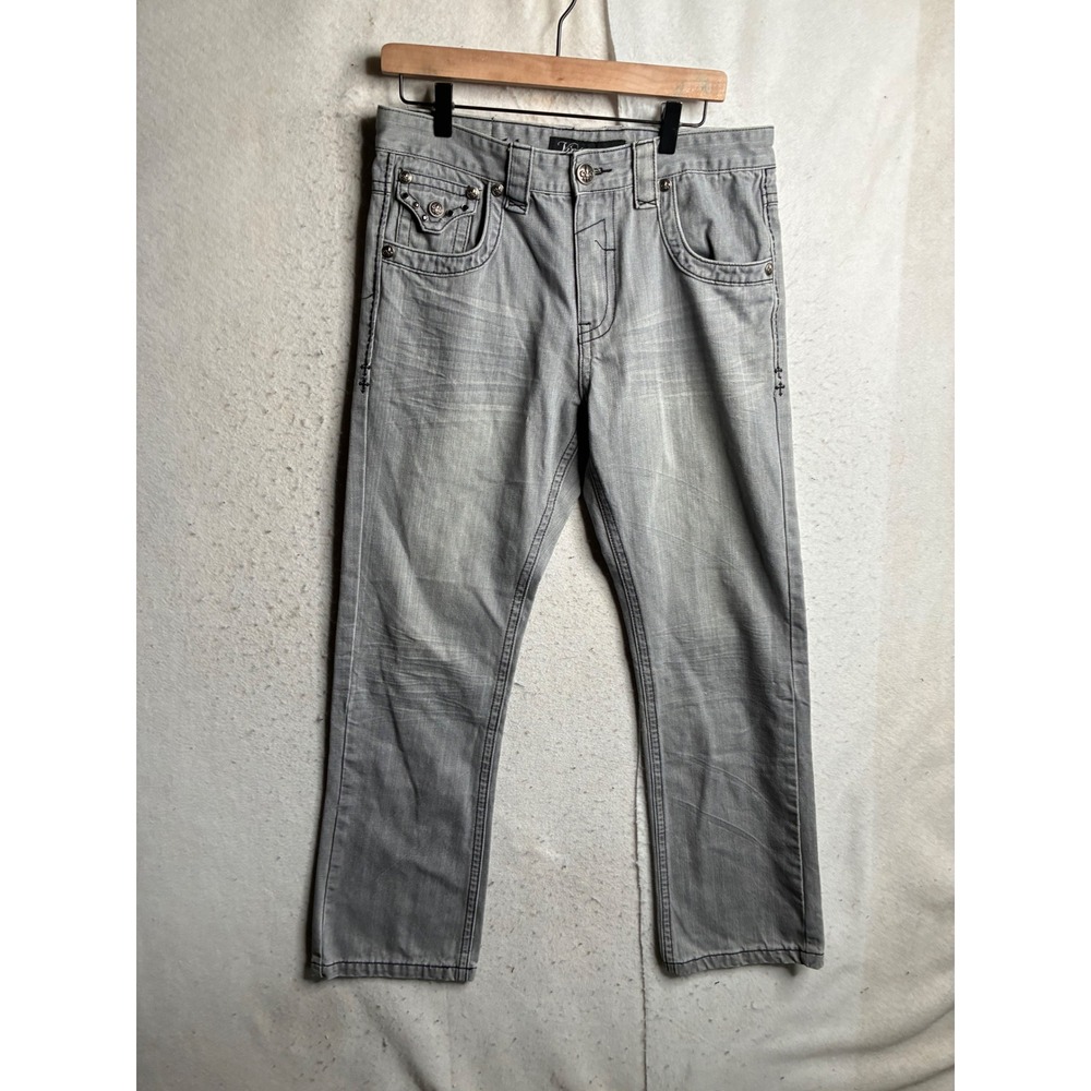 Victorious Mens Gray Cross Wing Embroidered Studded Jeans Y2K Streetwear 32x32